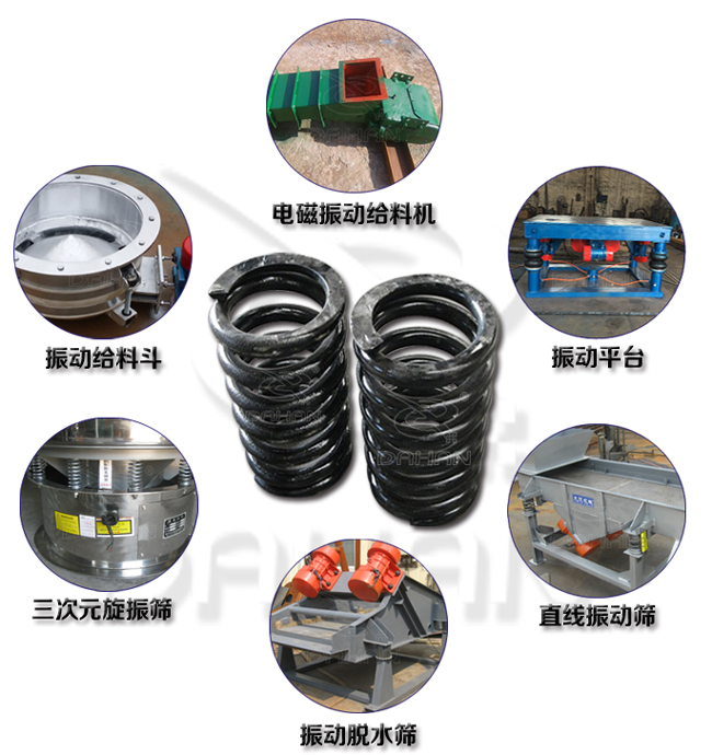 旋振篩減震彈簧適用產(chǎn)品：振動給料機，電磁振動給料機，振動平臺，直線振動篩，振動脫水篩，三次元旋振篩。