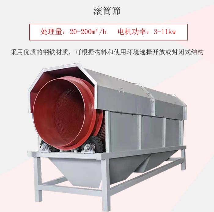 滾筒篩采用優(yōu)質(zhì)的鋼鐵材質(zhì)，可根據(jù)物料和使用環(huán)境選擇開(kāi)放或封閉式結(jié)構(gòu)