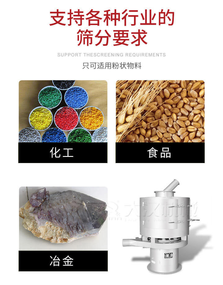 氣流篩用于礦粉，石墨粉，活性納米碳酸鈣，鋁灰，大豆粉，碳酸重鈣，石墨粉，木粉，干草，重金石粉，藥粉末，橡膠顆粒，草酸鹽，干料粉，木粉，聚酯粉，干粉，塑料，金屬粉末，橡膠粉，粉煤灰，石墨粉，陶瓷粉，鋅粉，石英粉，石灰粉，鐵粉，金屬硅粉等。