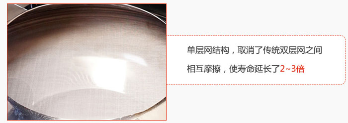 單層網(wǎng)結(jié)構(gòu)，取消了傳統(tǒng)雙層網(wǎng)之間相互摩擦，使壽命延長(zhǎng)了2~3倍