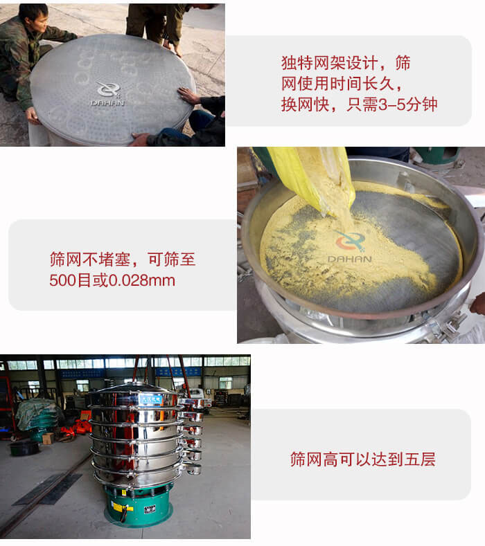 三次元振動(dòng)篩的特點(diǎn)：篩網(wǎng)使用時(shí)間長(zhǎng)換讓時(shí)間短，篩網(wǎng)不堵塞，可篩至500目或0.028mm。