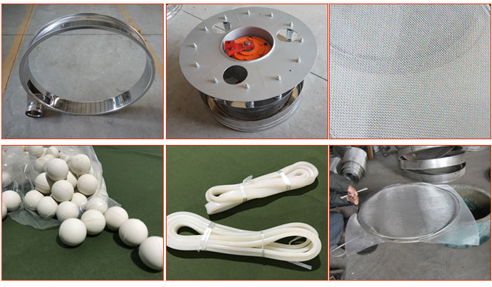800型全不銹鋼振動篩配件有：振動篩篩框，電機(jī)，不銹鋼篩網(wǎng)等。