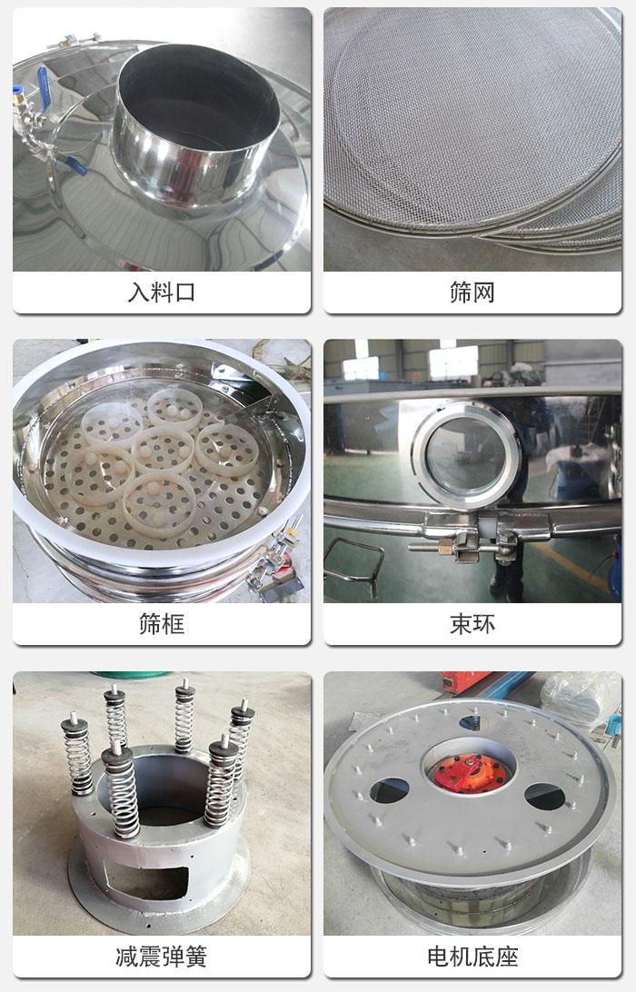 醫(yī)藥振動篩有電機底座，減震彈簧，束環(huán)，篩框，入料口，篩網(wǎng)等部件展示。