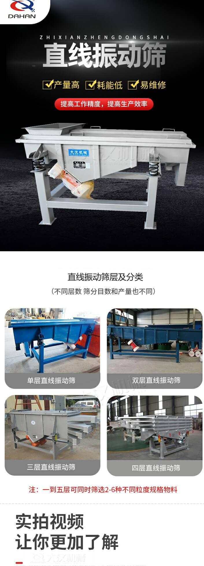 直線振動(dòng)篩概述，產(chǎn)量高，耗能低，易維修，提高工作精度，提高生產(chǎn)效率，直線振動(dòng)篩層級(jí)分類：不同層數(shù)，篩分目數(shù)和產(chǎn)量也不同：?jiǎn)螌樱p層，三層，四層等。