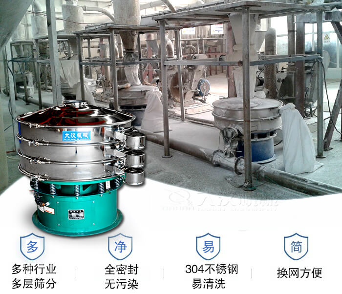 多種行業(yè)多層篩分采用全密封結(jié)構(gòu)，無污染。304不銹鋼材質(zhì)易清洗。同時換網(wǎng)方便。