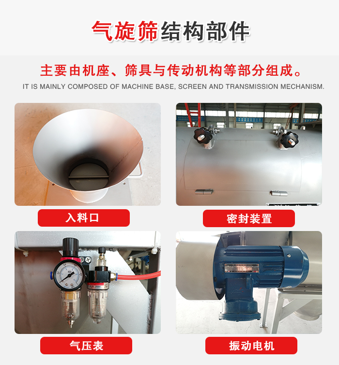 氣旋篩結構：入料口，密封裝置，電機，氣壓表等