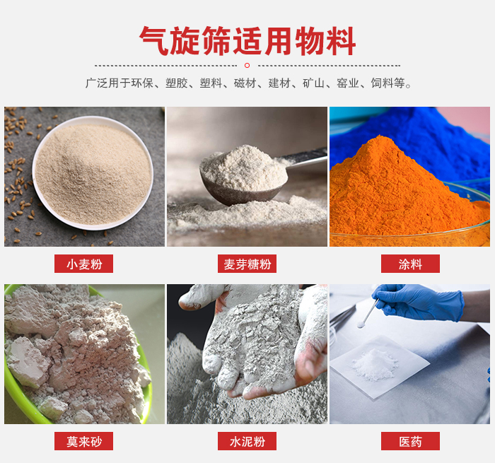 氣旋篩適用物料：小麥粉，麥芽糖粉，涂料，等粉狀物料。